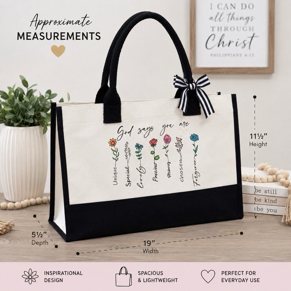 Christian Floral Tote Bag God Says You Are Unique Loved Chosen Canvas NWOT